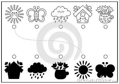 Spring black and white shadow matching activity with cute kawaii holiday symbols. Easter shape recognition puzzle. Find correct Vector Illustration