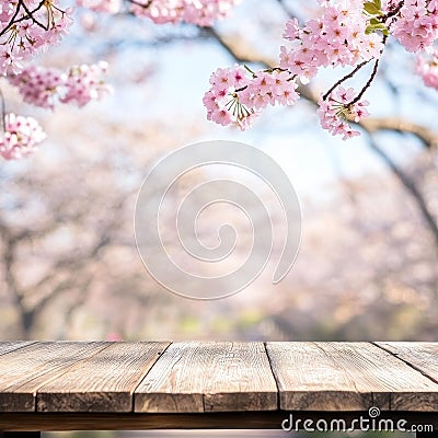 A spring blooming cherry orchard with butterflies and bokeh in front of an empty wooden table. Created with generative Stock Photo