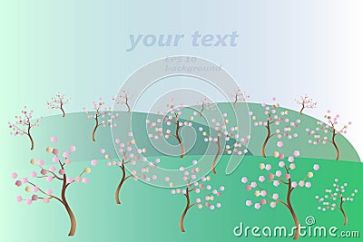 Spring blooming garden: green, grey hills, blue sky, gradient, trees have brown trunks and pink flowers Vector Illustration