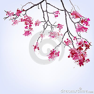 Spring Blooming Sakura branch of blots background Vector Illustration