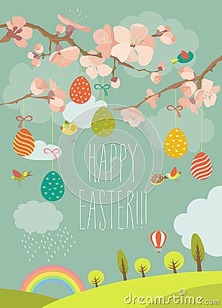 Spring blooming tree with easter eggs Vector Illustration