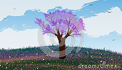 Spring. Blooming tree on a hill with flowers Stock Photo