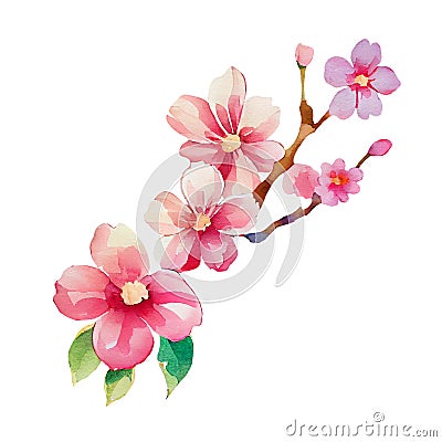 Spring blooming Twig. Pink cherry blossoms flowers. watercolor illustration Cartoon Illustration