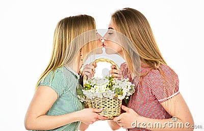 Spring blossom arrangement. sister hold summer bloom. female florist designer. happy mothers day. girls at flower shop Stock Photo