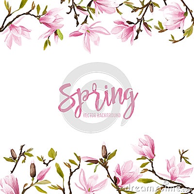 Spring Blossom Background - Magnolia Flowers Vector Illustration