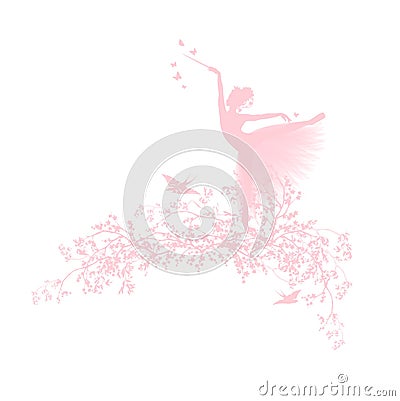 Spring blossom branches with flying swallows and dancing fairy tale princess ballerina vector silhouette Vector Illustration