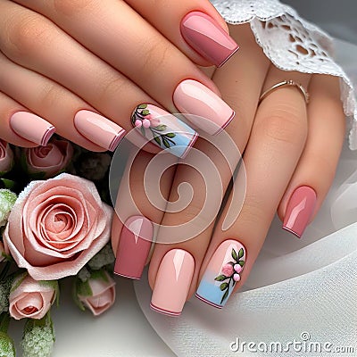 Spring blossom nail art: delicate floral elegance Stock Photo