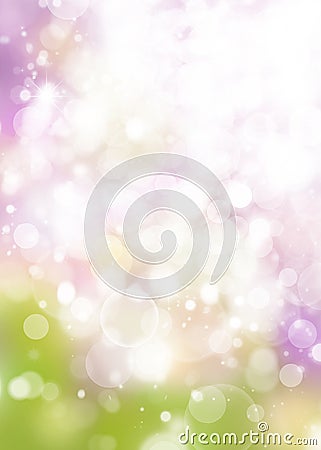 Spring blurred rainbow bokeh background, white circles, green, p Stock Photo