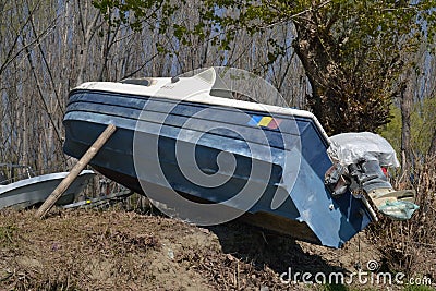 Spring boat repair on the shore. Stock Photo