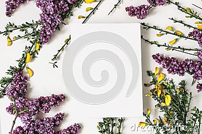 Spring botanical floral composition. Greeting card mockups scene. Decorative frame, banner made of purple lilac, yellow Stock Photo