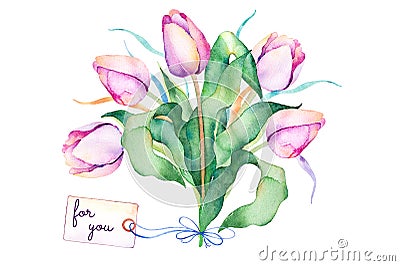 Spring bouquet with branches, delicate purple tulips, leaves Cartoon Illustration