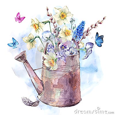 Spring bouquet with daffodils, pansies, muscari and butterflies Cartoon Illustration