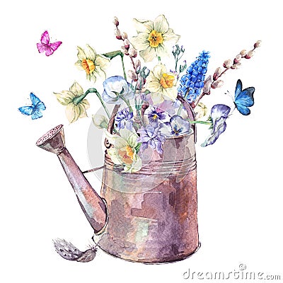 Spring bouquet with daffodils, pansies, muscari and butterflies Cartoon Illustration
