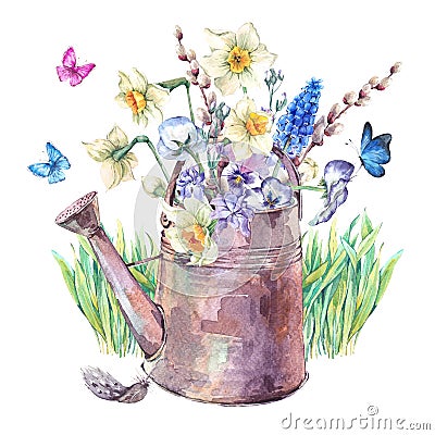 Spring bouquet with daffodils, pansies, muscari and butterflies Cartoon Illustration