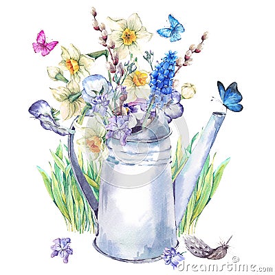 Spring bouquet with daffodils, pansies, muscari and butterflies Cartoon Illustration