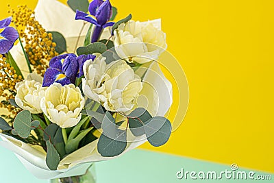 Spring bouquet of flowers. Irises, tulips, mimosa and eucalyptus. Yellow and blue flower. Bud close-up. Floral Stock Photo