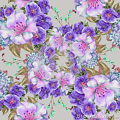 Spring bouquet lilac flowers , watercolor, pattern seamless Stock Photo