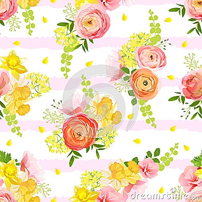 Spring bouquets of rose, ranunculus, narcissus striped seamless Vector Illustration