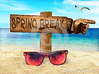 Spring Break Beach Sign Sunglasses Sand Sun Fun Sky Stock Photo