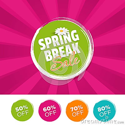 Spring break Sale color banner and 50%, 60%, 70% & 80% Off Marks. Vector illustration. Vector Illustration