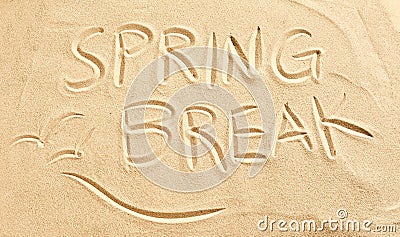 Spring Break and seagulls drawn in beach sand Stock Photo