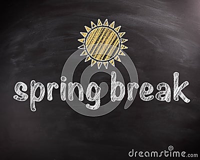 Spring Break Texts on Chalkboard with Sun Design Stock Photo