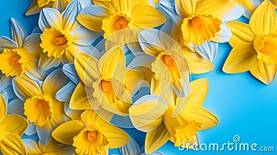 Spring with bright yellow daffodils, Top view photo Stock Photo