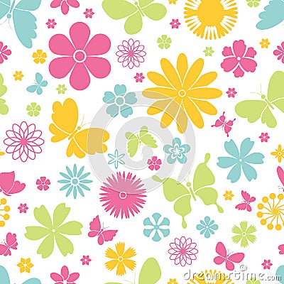 Spring butterflies and flowers seamless pattern Vector Illustration