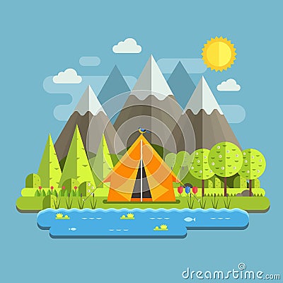 Spring Camping Landscape Vector Illustration