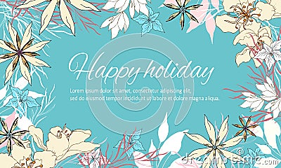 Spring card with bright flowers on a blue background. Vector banner for congratulations on International Women`s Day March 8 Vector Illustration