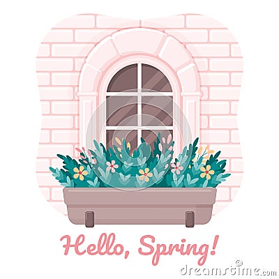 Spring card. Cute pink window with flowers. Vector Illustration