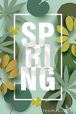 Spring card with different elements of plants in shades of green. Vector Illustration