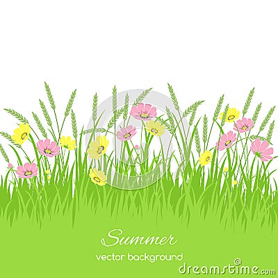 Spring card with grass, flowers Vector Illustration