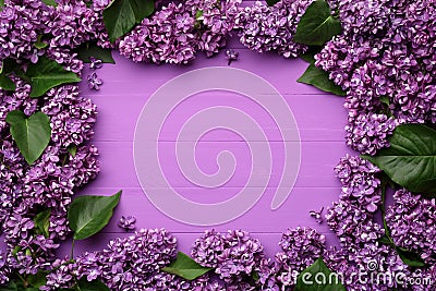 Spring card with a lilac frame of flowers Stock Photo