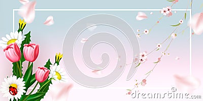 Spring card with sakura, blooming branch and grass on wooden background. Vector Illustration