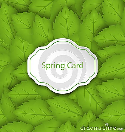 Spring Card on Seamless Stylish Pattern with Green Leaves Vector Illustration