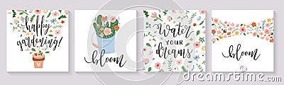 Spring card set with motivational lettering quotes calligraphy, flowers, hand drawn illustration. Perfect for greeting Vector Illustration