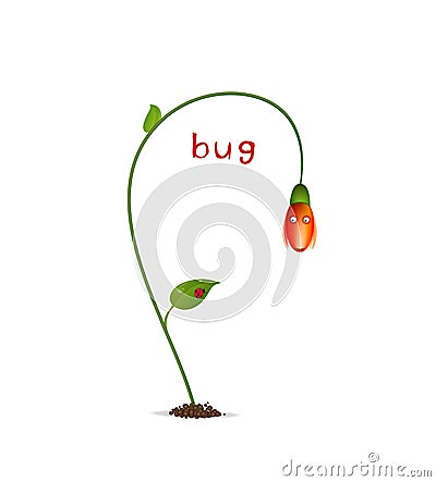 Spring character on the white background, red flower and bud, flower cartoon character flower suprised with red ladybug Vector Illustration