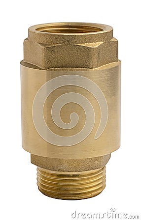 Spring check valve. Non-return brass valve, male - female thread. Stock Photo