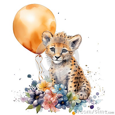 Spring cheetah watercolor illustration, spring clipart Cartoon Illustration