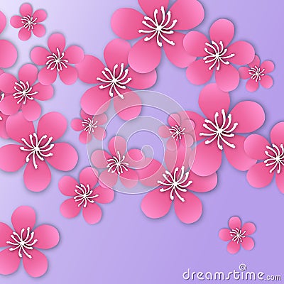 Spring Cherry blossom. Pink beautiful sakura with papercraft flowers. Vector Illustration