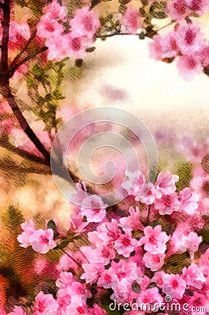 Spring Cherry blossoms, pink flowers watercolor painting wallpaper background Stock Photo