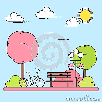 Spring city landscape with bench, bicycle in central park. Vector illustration. Line art. Vector Illustration