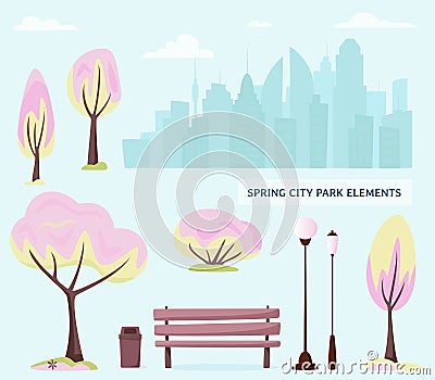 Spring city park elements. Urban outdoor decor: bench, lamps, trash box, trees and bushes, city silhouette. For construction of Vector Illustration