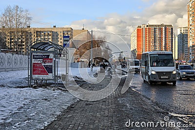 Spring is in the city. View of the public transport stop. City of Balashikha, Moscow oblast, Russia Editorial Stock Photo
