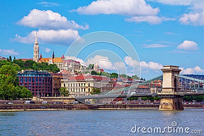 Spring cityscape with Danube River, chain bridge, historic architecture Editorial Stock Photo