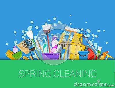 Spring cleaning background. Set of cleaning supplies Vector Illustration