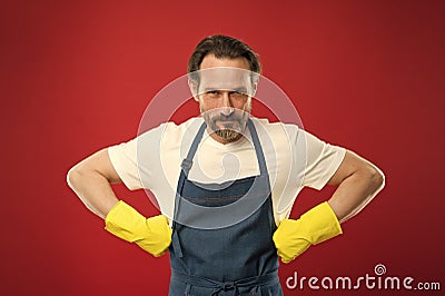 Spring cleaning. Commercial cleaning company concept. domestic helper. Maid or houseman cares about house. Bearded man Stock Photo