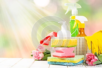 Spring cleaning concept - cleaning products, gloves Stock Photo
