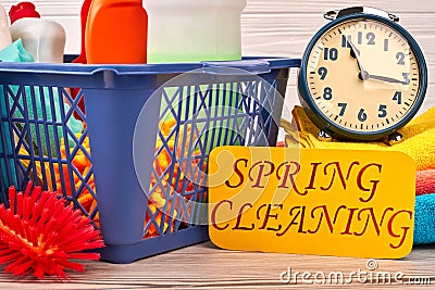 Spring cleaning concept with supplies. Stock Photo